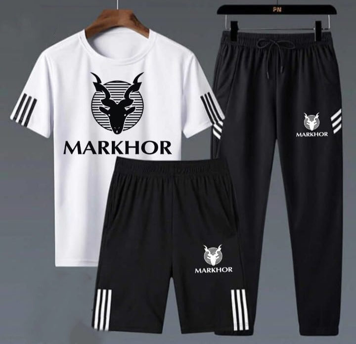 3 Piece Markhor Printed White & Black Summer Tracksuit Markhor Printed Tracksuit For Men | Markhor Combo Deal