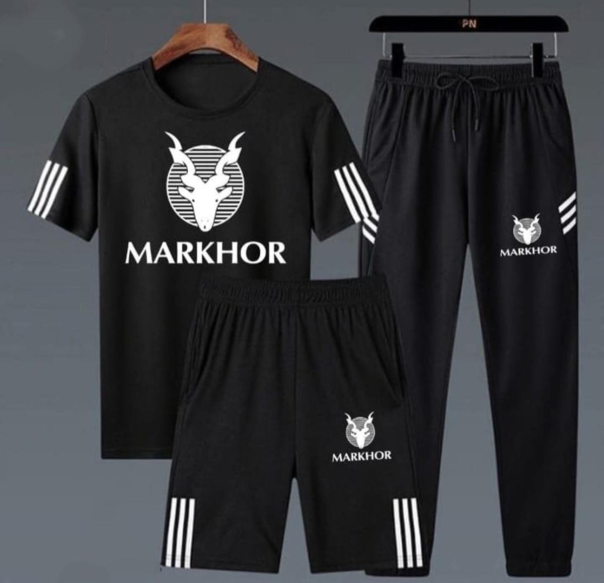 3 Piece Markhor Printed White & Black Summer Tracksuit Markhor Printed Tracksuit For Men | Markhor Combo Deal